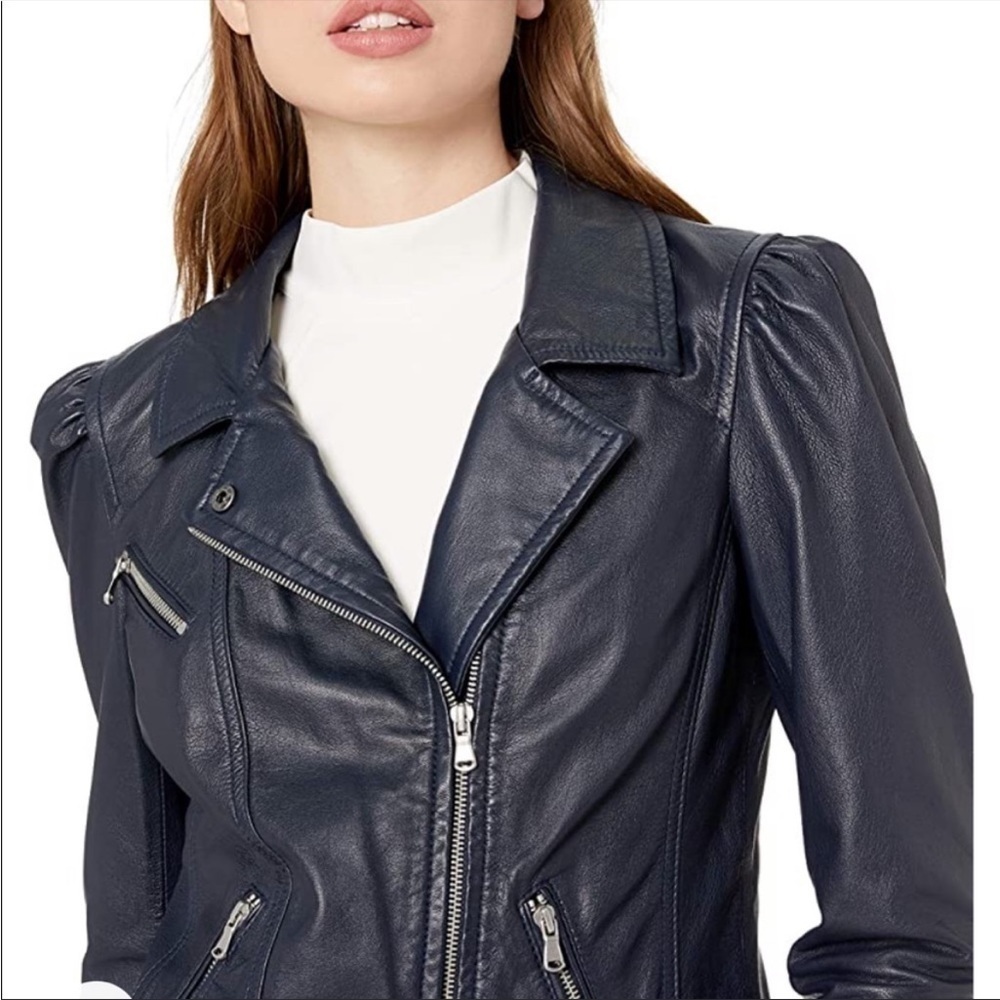 NWT Rebecca Taylor Leather Biker Jacket NAVY - Picture 2 of 11